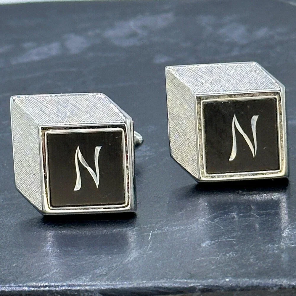 Swank Vintage Silver Tone Etched Monogram Initial N Letter Bullet Back Cufflinks